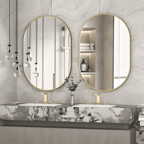 CISTEROMAN 2 Pieces Gold Oval Wall Mirror, 20" x 30" Oval Bathroom Mirror, Large Vanity Decor Mirror w/Aluminum Alloy Frame, Vertical & Horizontal