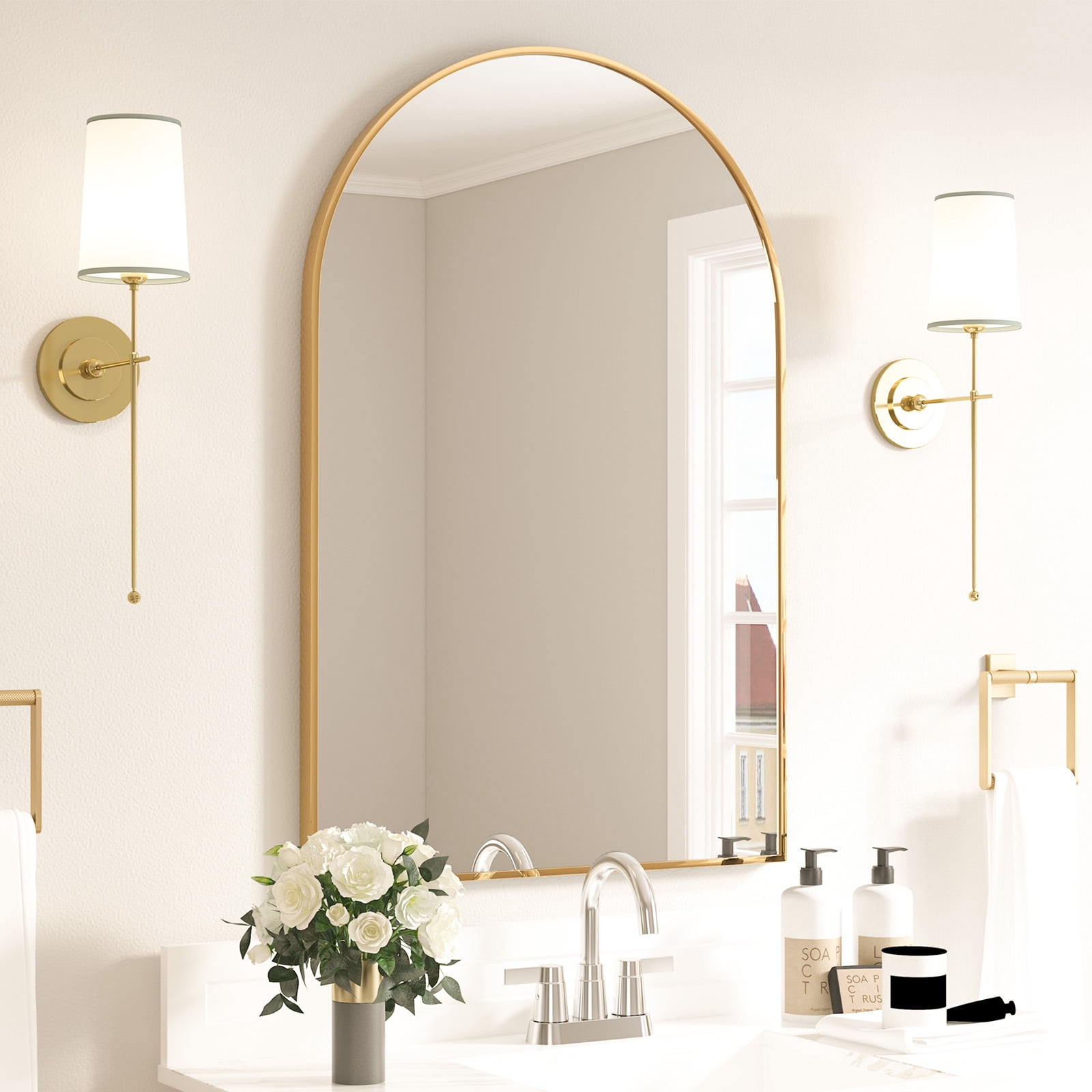 CISTEROMAN Arched Wall Mirror for Bathroom, 20"x30" Wall Mounted Mirror Arched Mirror with Metal Frame Gold