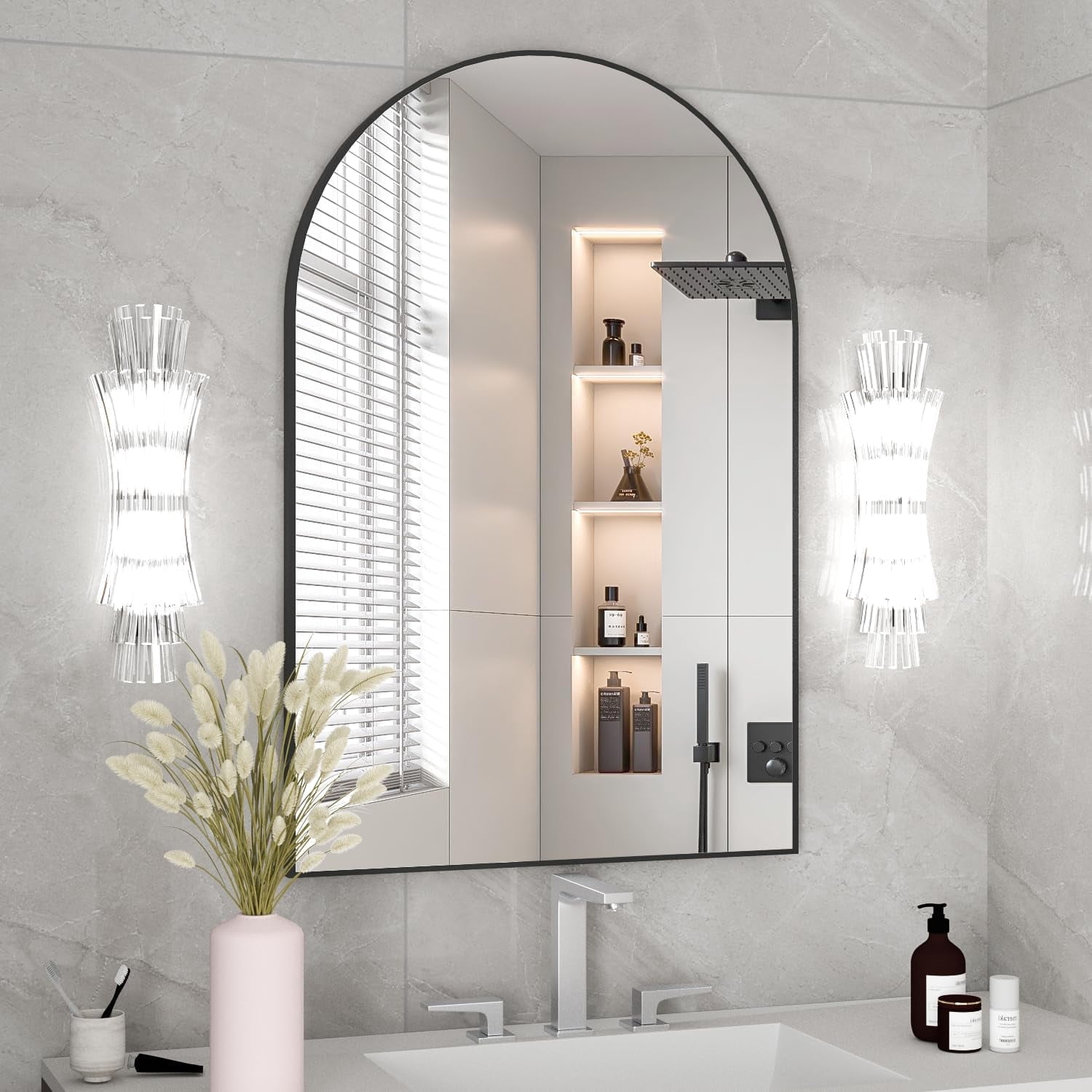 CISTEROMAN Arched Wall Mounted Mirror, 24" x 36" Gold Arch Mirror, Vanity Mirror for Wall Décor,Metal Frame Black Bathroom Mirror, for Bedroom, Living Room, Entryway