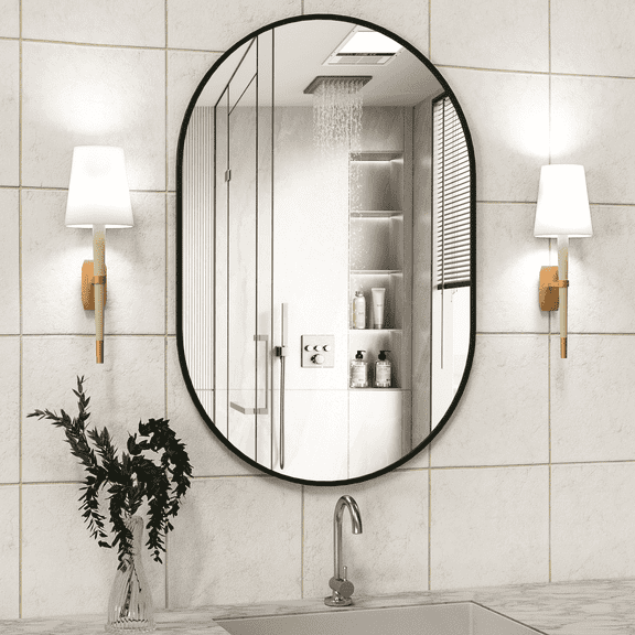 CISTEROMAN Oval Bathroom Mirror Capsule Wall Vanity Mirror, 24"x36" Pill Mirrors Wall Mounted Mirror, Large Modern Mirror with Black