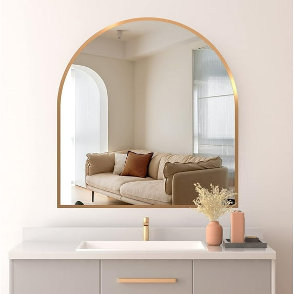 CISTEROMAN Wall Mounted Mirror, Arched Wall Mirror for Bathroom, 33"x31" Arch Bathroom Mirror with Metal Frame, Gold Vanity Mirror Decor for Mantle, Bedroom, Entryway, Living Room