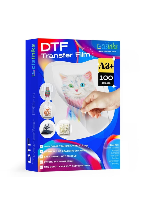 CISinks Hot / Cold Peel DTF Film 100 Sheets A3+ 13" x 19" PET Heat Transfer Paper for DIY Direct Print PreTreat Universal Waterproof Transparency on T-Shirts, for Printing Textile