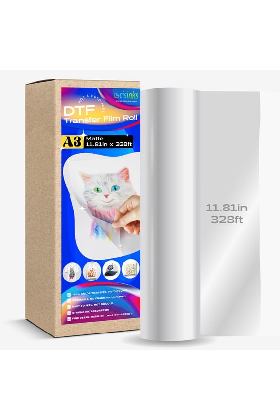 CISinks Hot/Cold Peel DTF Film Roll for Sublimation (30cm x 100m) PET Heat Transfer Paper for DIY Direct Print PreTreat Universal Waterproof Transparency on T-Shirts, for Printing Textile