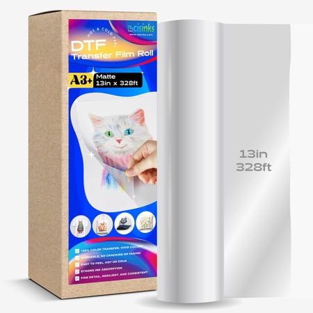 CISinks Hot/Cold Peel DTF Film Roll for Sublimation (33cm x 100m) PET Heat Transfer Paper for DIY Direct Print PreTreat Universal Waterproof Transparency on T-Shirts, for Printing Textile