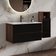 CITTANEO 36 Inch Bathroom Vanity Set with Ceramic Sink, 2 Drawers & Floating Side Cabinet   Modern Wood Wall-Mounted Storage Combo, Soft-Close, Walnut Finish