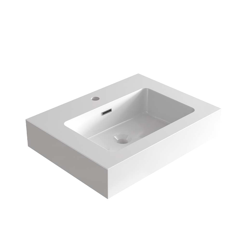 CITTANEO Glossy White Solid Surface Integrated Sink - Vessel Bathroom Vanity Basin Without Drain or Faucet - Seamless Non-Porous Design