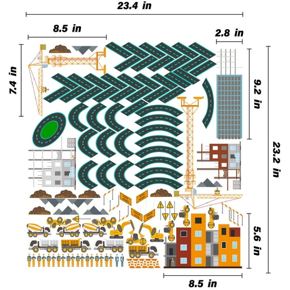 THE CITY - Kids Bedroom Stick And Peel Vinyl Decal Art Adhesive Decoration Construction Site Design Home Wall Decal Sheet - DIY Build A City Construction Site Removable Wall Stickers 23.4" x 23.2"