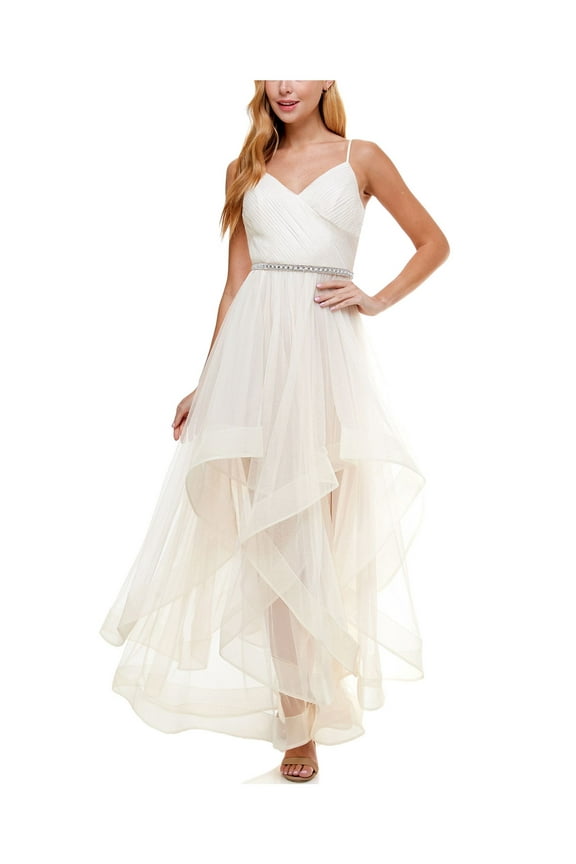 Womens Beige Embellished Tulle Gown Spaghetti Strap V Neck Full-Length Fit + Flare Prom Dress Juniors 3