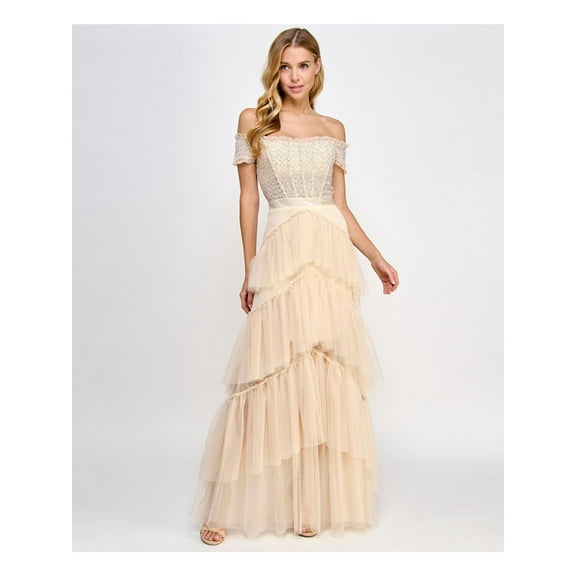 CITY STUDIO Womens Beige Sequined Zippered Boned Bodice Tiered Skirt Short Sleeve Off Shoulder Full-Length Prom Gown Dress Juniors 0