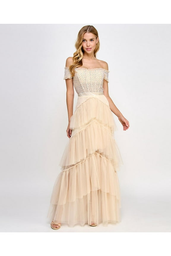 Womens Beige Sequined Zippered Boned Bodice Tiered Skirt Short Sleeve Off Shoulder Full-Length Prom Gown Dress Juniors 0