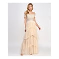 thumbnail image 1 of CITY STUDIO Womens Beige Sequined Zippered Boned Bodice Tiered Skirt Short Sleeve Off Shoulder Full-Length Prom Gown Dress Juniors 9\10, 1 of 1