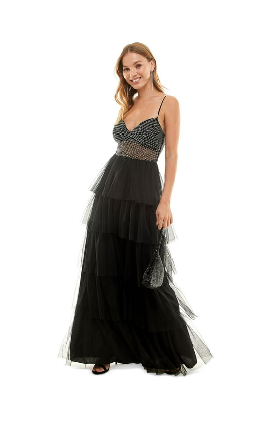 Womens Black Rhinestone Zippered Lace-up Open Back Tiered Skirt Spaghetti Strap V Neck Full-Length Formal Gown Dress Juniors 7