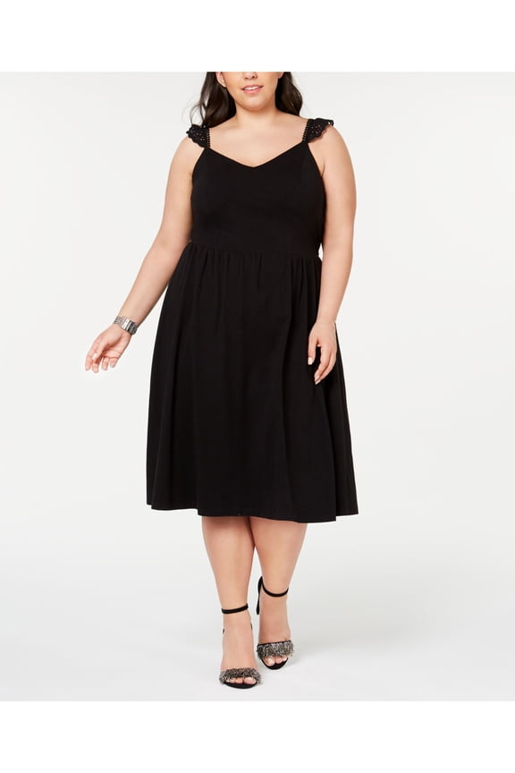 Womens Black Sleeveless V Neck Below The Knee Party Fit + Flare Dress Plus 2X