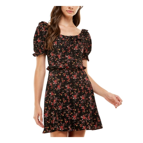 CITY STUDIO Womens Black Tie Cut Out Floral Pouf Sleeve Scoop Neck Short Party Shift Dress M