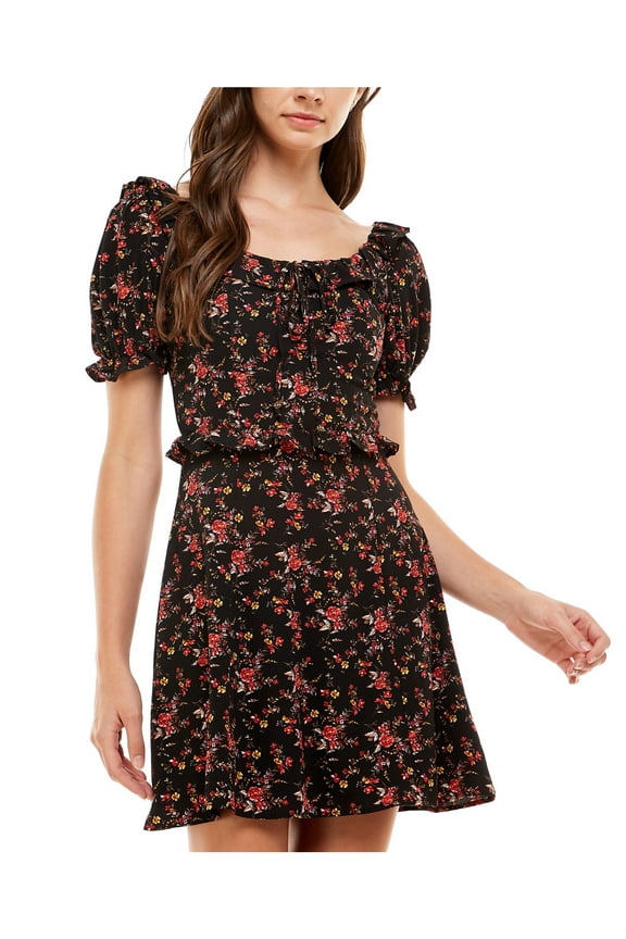 Womens Black Tie Cut Out Floral Pouf Sleeve Scoop Neck Short Party Shift Dress XXL