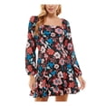 thumbnail image 1 of CITY STUDIO Womens Black Zippered Lined Ruffled Floral Long Sleeve Square Neck Short Fit + Flare Dress 1, 1 of 4