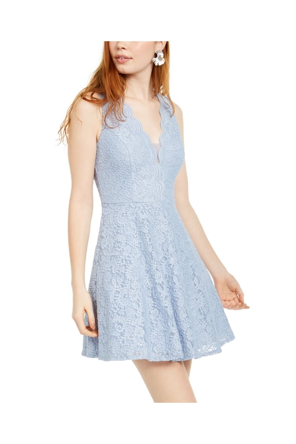 Womens Blue Patterned Sleeveless V Neck Mini Party Trapeze Dress 15