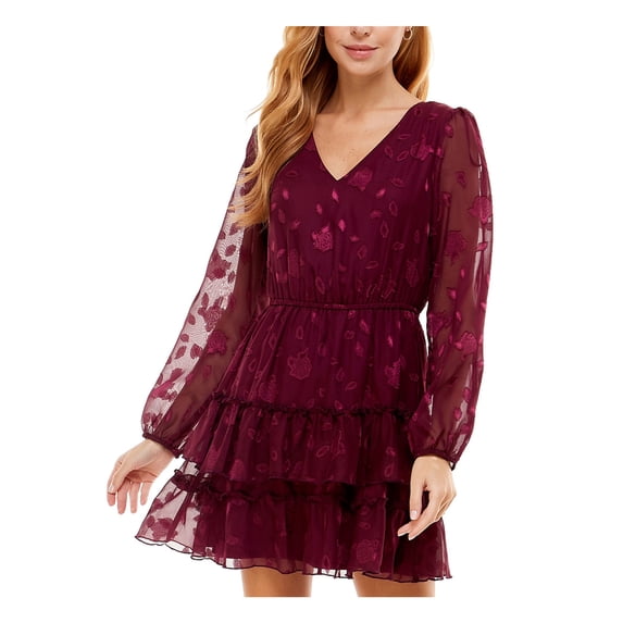 CITY STUDIO Womens Burgundy Lace Tie Waist Keyhole Back Closure Floral Balloon Sleeve V Neck Short Party Ruffled Dress S