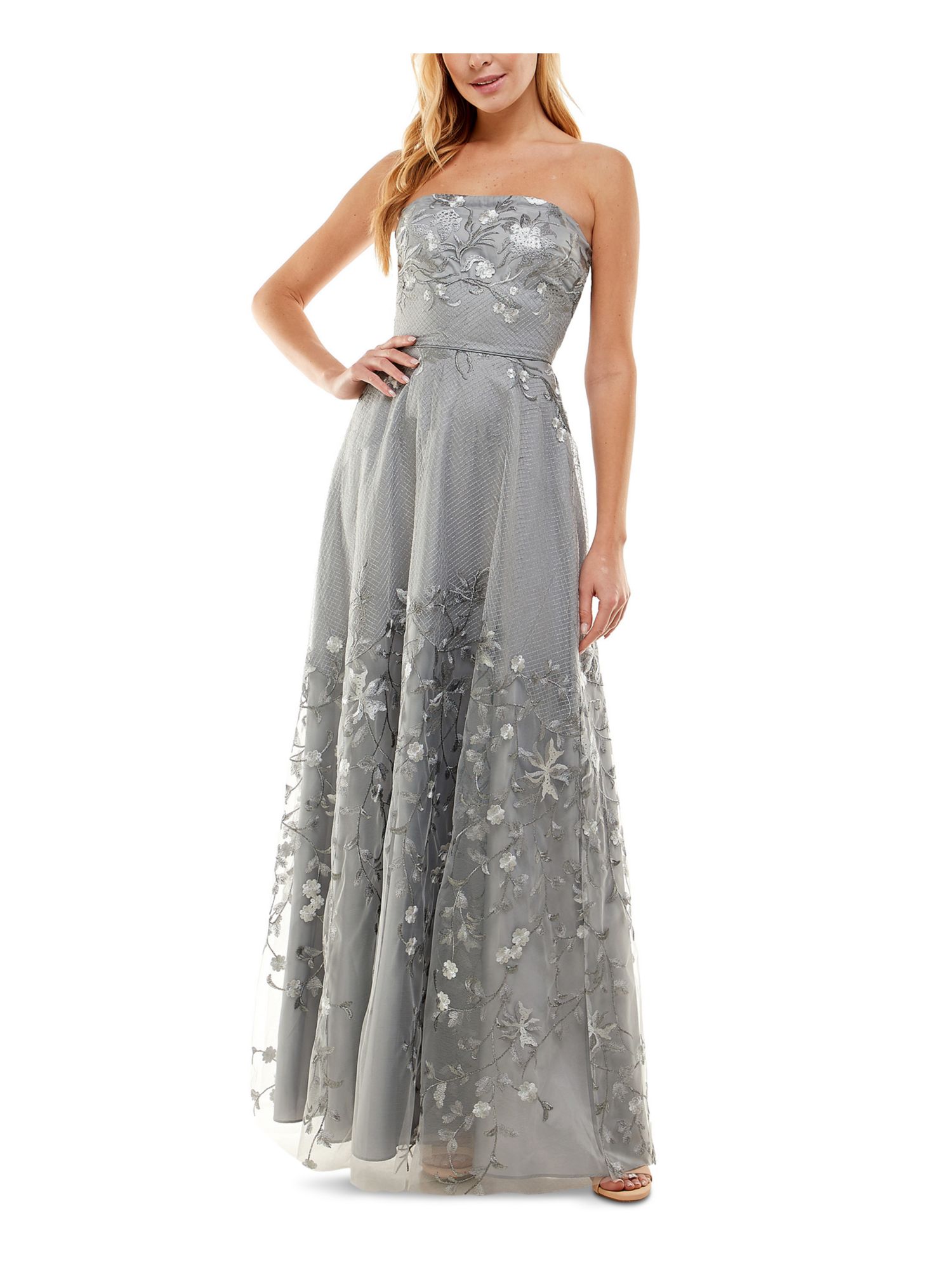CITY STUDIO Womens Gray Embroidered Lace Zippered Sleeveless Strapless Full Length Gown Prom Dress Juniors 0 Walmart