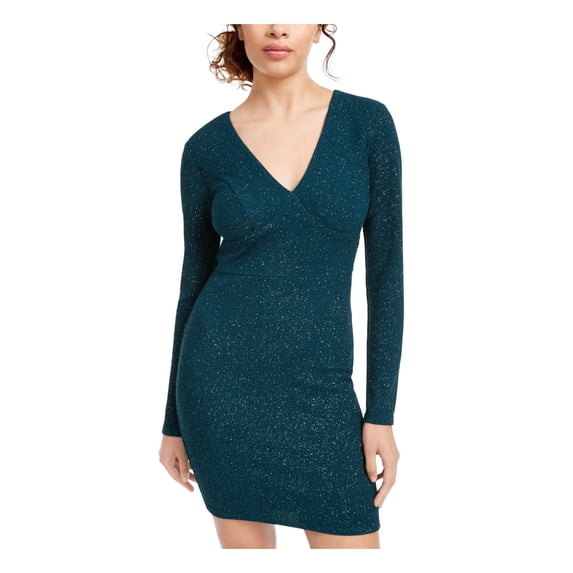 CITY STUDIO Womens Green Glitter Long Sleeve V Neck Short Cocktail Body Con Dress 0