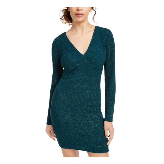 CITY STUDIO Womens Green Glitter Long Sleeve V Neck Short Cocktail Body Con Dress 11
