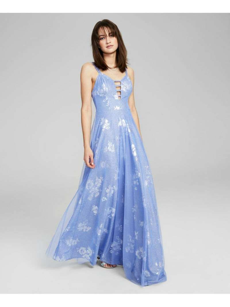City Studio Prom Dress, Light Blue Glitter Polyester, Full-Length, Floral V Neck, Juniors Size 5