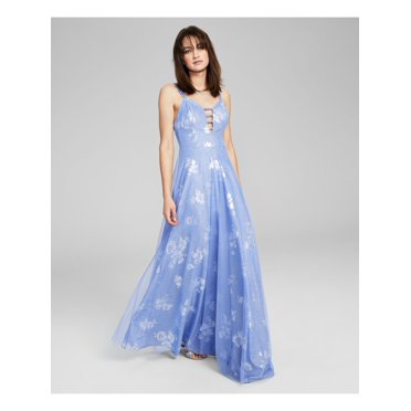 CITY STUDIO Womens Light Blue Zippered Adjustable Embellished Waist Glitter Mesh L Sleeveless Square Neck Full-Length Prom Fit + Flare Dress