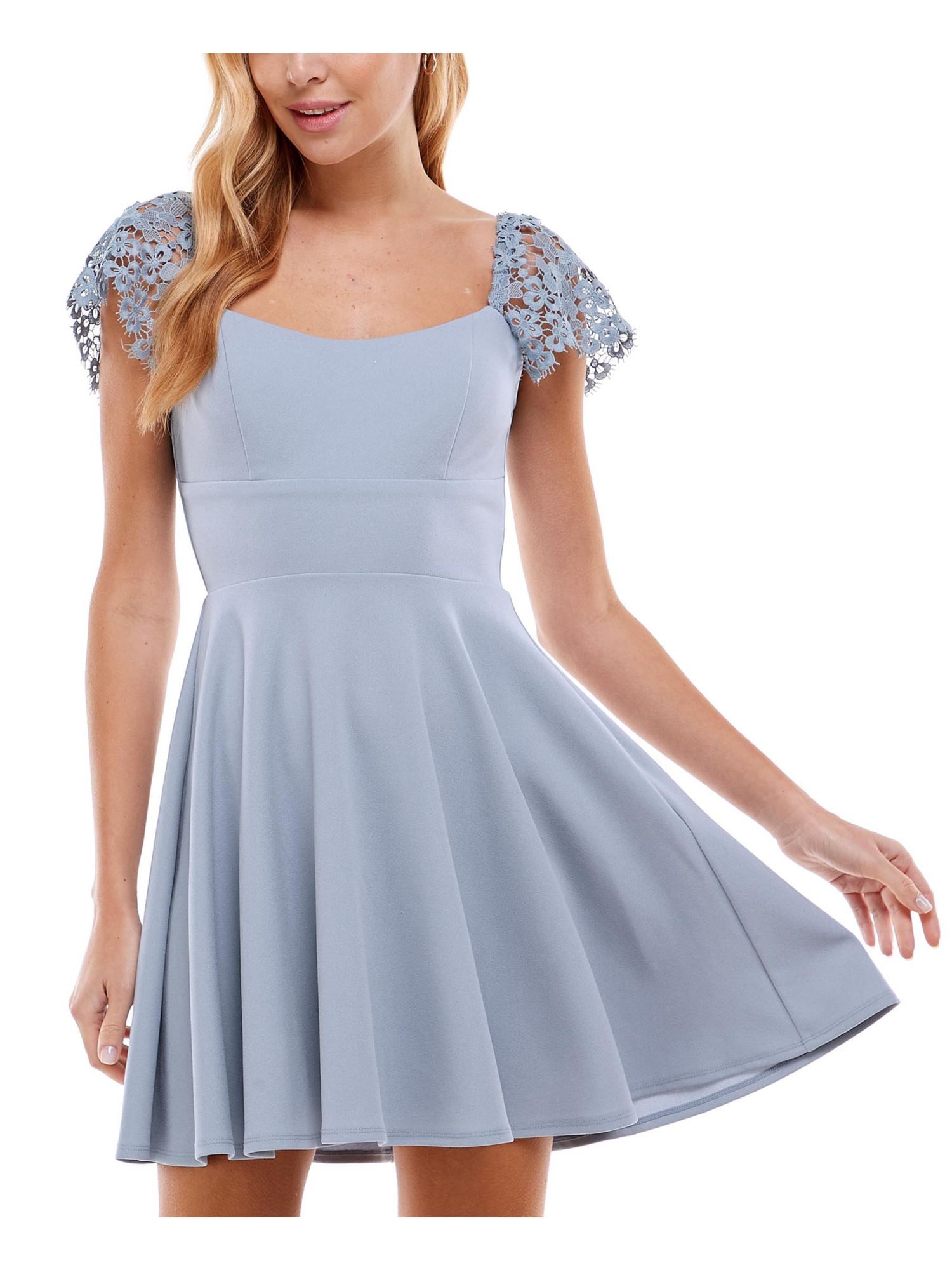 CITY STUDIO Womens Light Blue Zippered Lace Sleeves Scoop Neck Short Party Fit + Flare Dress Juniors 9