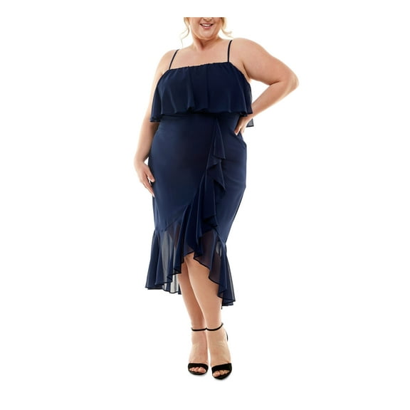 CITY STUDIO Womens Navy Adjustable Zippered Ruffled Hi Lo Asymmetrical Hem Spaghetti Strap Square Neck Tea-Length Party Fit + Flare Dress Plus 14W