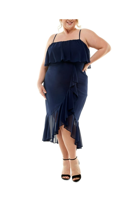 Womens Navy Adjustable Zippered Ruffled Hi Lo Asymmetrical Hem Spaghetti Strap Square Neck Tea-Length Party Fit + Flare Dress Plus 14W