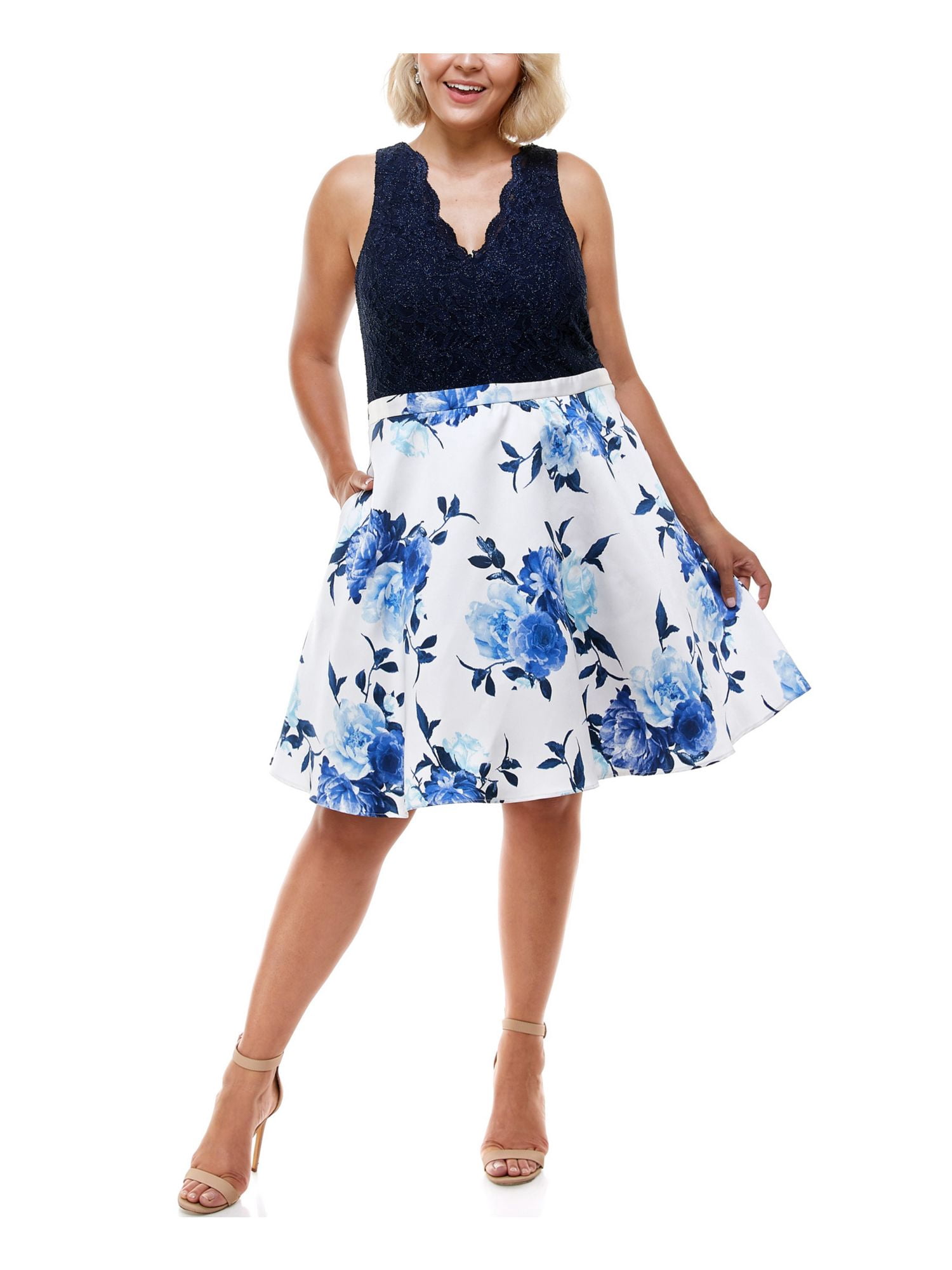 CITY STUDIO Womens Navy Lace Glitter Scalloped Pocketed Zippered Sleeveless  V Neck Above The Knee Party Fit + Flare Dress Plus 14W - Walmart.com