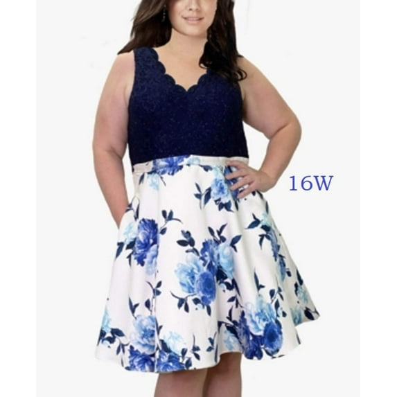 CITY STUDIO Womens Navy Lace Glitter Scalloped Pocketed Zippered Sleeveless V Neck Above The Knee Party Fit + Flare Dress Plus 16W