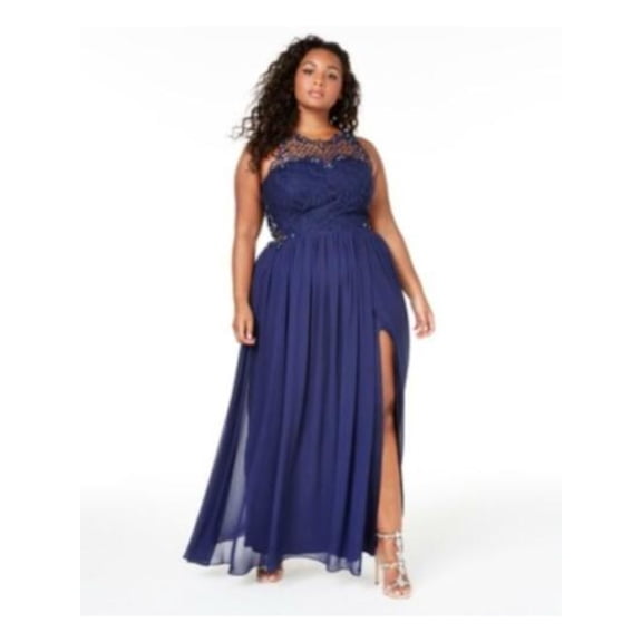 CITY STUDIO Womens Navy Slitted Sleeveless Illusion Neckline Full-Length Evening Fit   Flare Dress Plus 14W