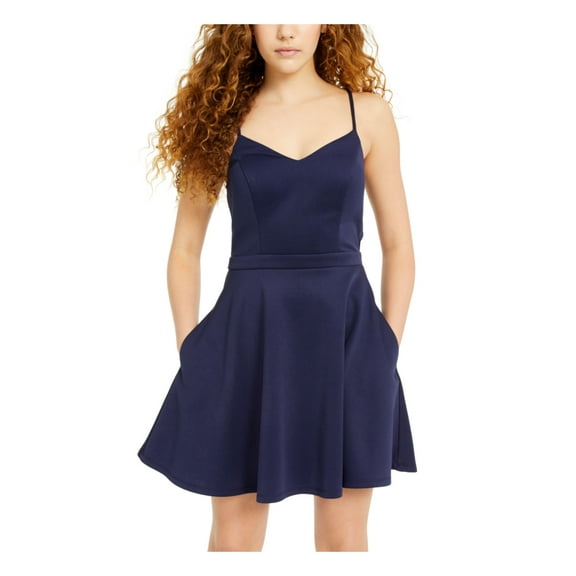 CITY STUDIO Womens Navy Spaghetti Strap V Neck Mini Evening Fit   Flare Dress 9