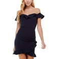 thumbnail image 1 of CITY STUDIO Womens Navy Stretch Zippered Ruffled Tulip Hem Cap Sleeve Off Shoulder Above The Knee Party Sheath Dress 17, 1 of 1