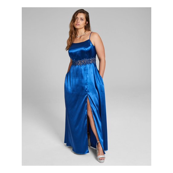 CITY STUDIO Womens Navy Zippered Rhinestone Illusion Inset Lined Pocketed Sleeveless Scoop Neck Full-Length Formal Gown Dress Plus 18W