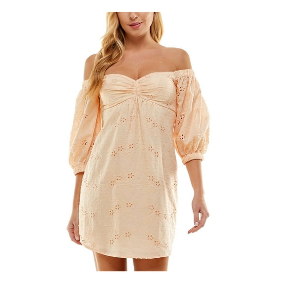 CITY STUDIO Womens Orange Zippered Ruched Lined Pouf Sleeve Off Shoulder Short Party Sheath Dress XXS