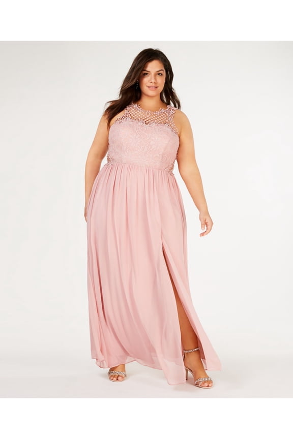 Womens Pink Embellished Sleeveless Illusion Neckline Maxi Formal Sheath Dress Plus 18W