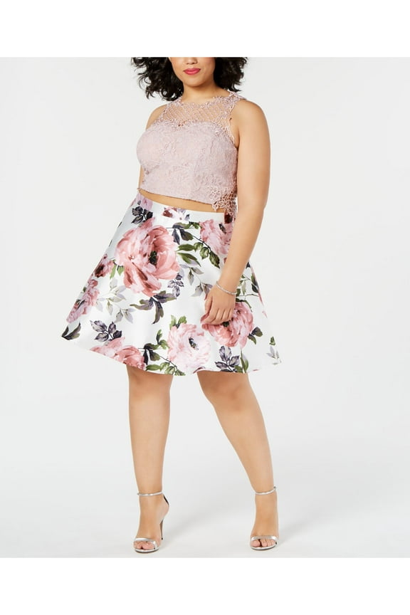 Womens Pink Floral Sleeveless Illusion Neckline Above The Knee Prom Fit + Flare Dress Plus 18W