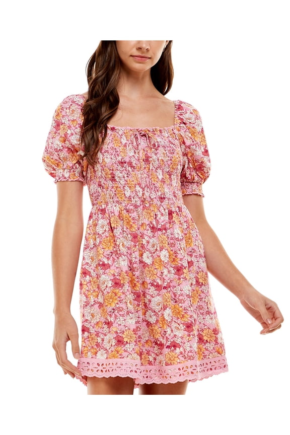 Womens Pink Smocked Lace Trimmed Hem Floral Pouf Sleeve Square Neck Short Fit + Flare Dress XXS