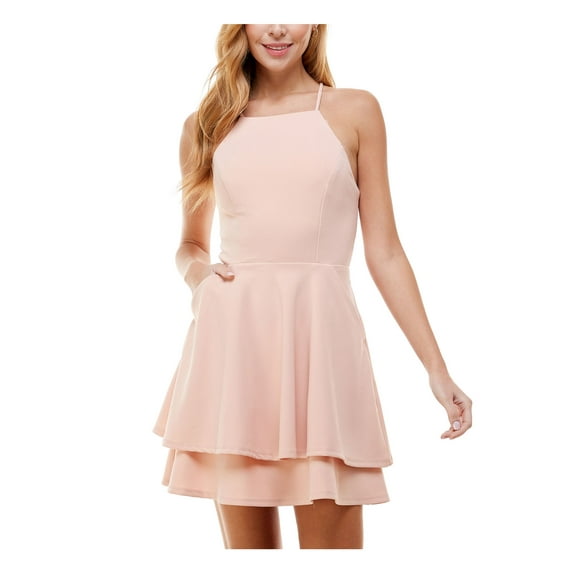 CITY STUDIO Womens Pink Stretch Zippered Pocketed Lace-up Back Double Ruffle Hem Spaghetti Strap Square Neck Short Party Fit + Flare Dress 15