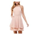 thumbnail image 1 of CITY STUDIO Womens Pink Stretch Zippered Pocketed Lace-up Back Double Ruffle Hem Spaghetti Strap Square Neck Short Party Fit + Flare Dress 9, 1 of 2