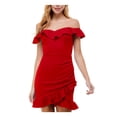 thumbnail image 1 of CITY STUDIO Womens Red Stretch Zippered Ruffled Tulip Hem Cap Sleeve Off Shoulder Above The Knee Party Sheath Dress Juniors 1, 1 of 4