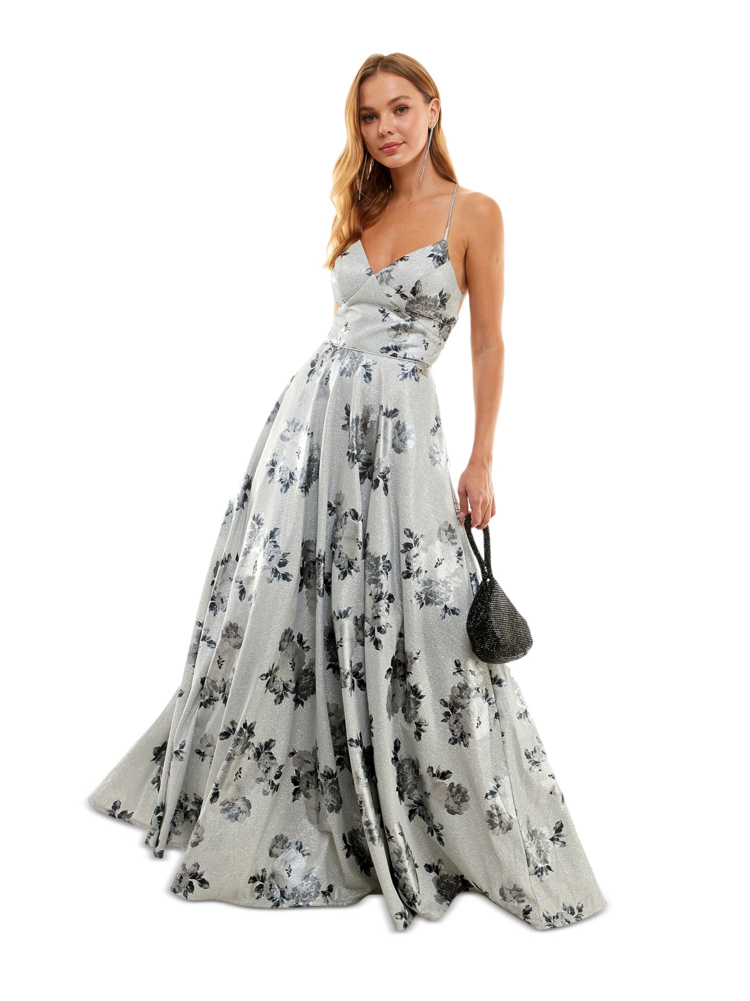 CITY STUDIO Womens Silver Zippered Lined Floral Sleeveless V Neck  Full-Length Prom Gown Dress Petites 13 - Walmart.com