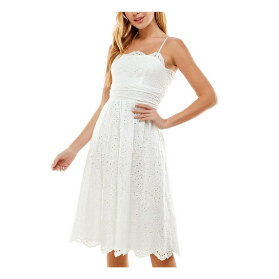 CITY STUDIO Womens White Eyelet Zippered Scalloped Lined Spaghetti Strap Square Neck Knee Length Fit + Flare Dress 5