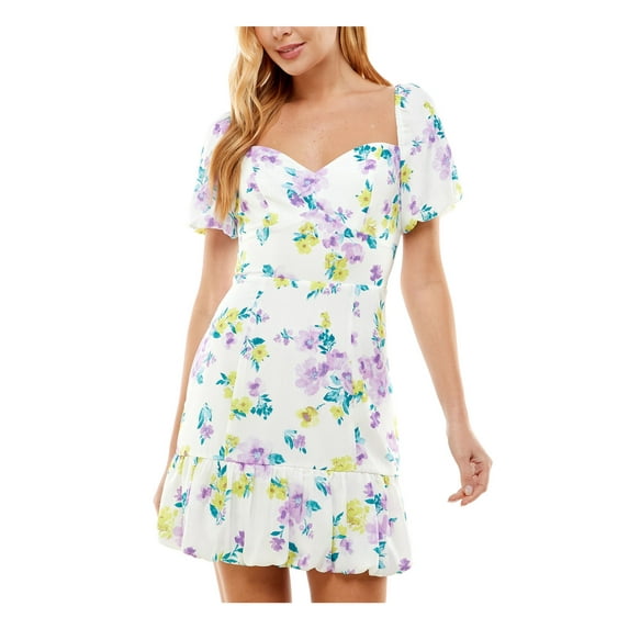 CITY STUDIO Womens White Zippered Ruffled Sheer Lined Floral Flutter Sleeve Sweetheart Neckline Short Fit + Flare Dress 9