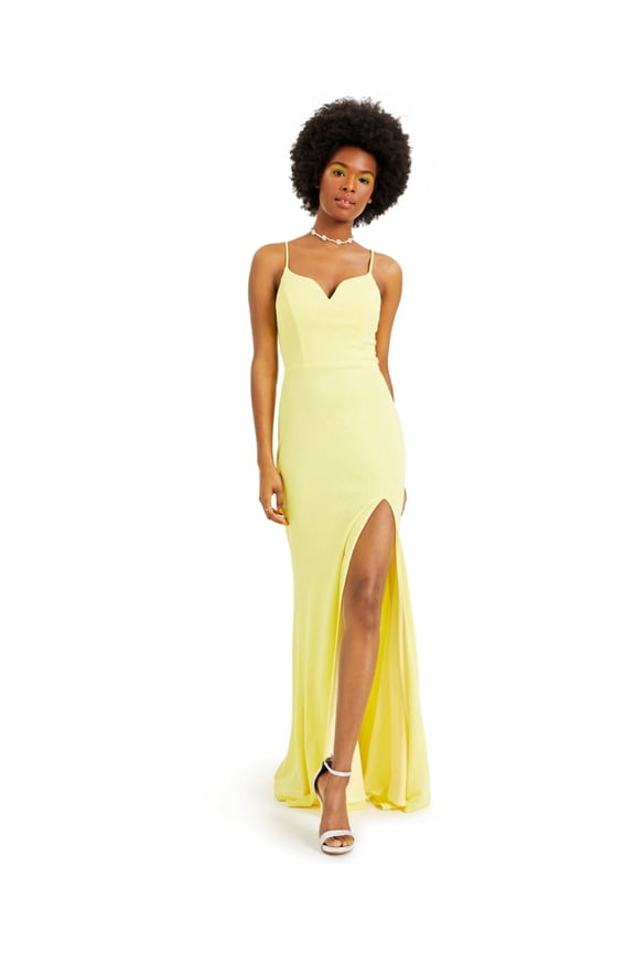 Womens Yellow Glitter Slitted Spaghetti Strap Sweetheart Neckline Full-Length Body Con Prom Dress 5