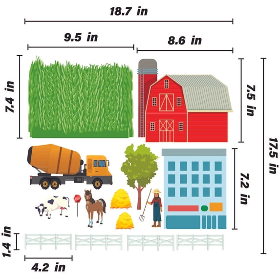 THE CITY - Stick And Peel Home Bedroom Vinyl Decoration City Farm Design Adhesive Wall Decal Sheet - Removable Kids Bedroom Rice Field Barn Construction Vehicle Wall Decor Sticker 18.7" x 17.5"