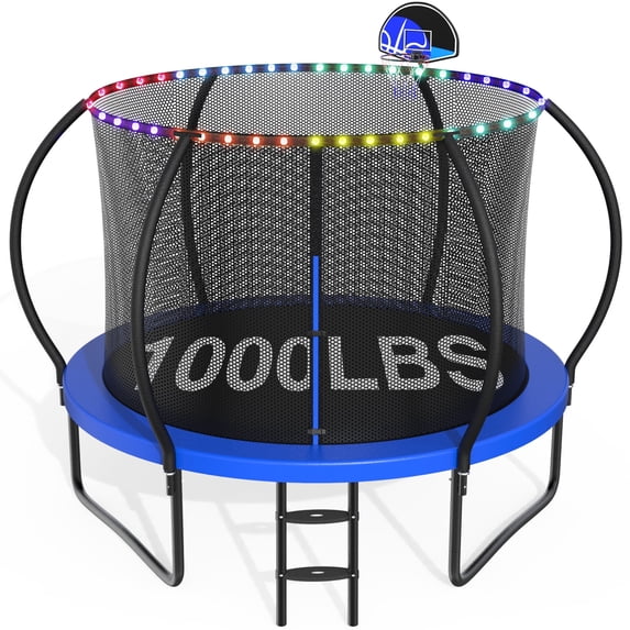 CITYLE 10FT Trampoline with Enclosure Net and Lights, Outdoor Trampoline for Kids and Adults, 1000LBS Trampoline with Basketball Hoop, Galvanized Steel Heavy Duty Trampolines
