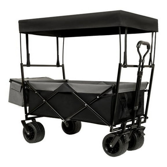 CITYLE 480Lbs Collapsible Wagon with Canopy, All-Terrain 7" Wheels, Lightweight Foldable Wagon with Mosquito Net, Large Capacity for Camping, Shopping, Sports, and Garden Use - Black